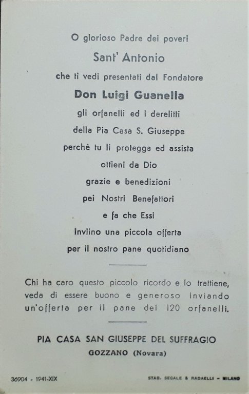 Religione Ricordo Pia Casa San Giuseppe del Suffragio - Gozzano …