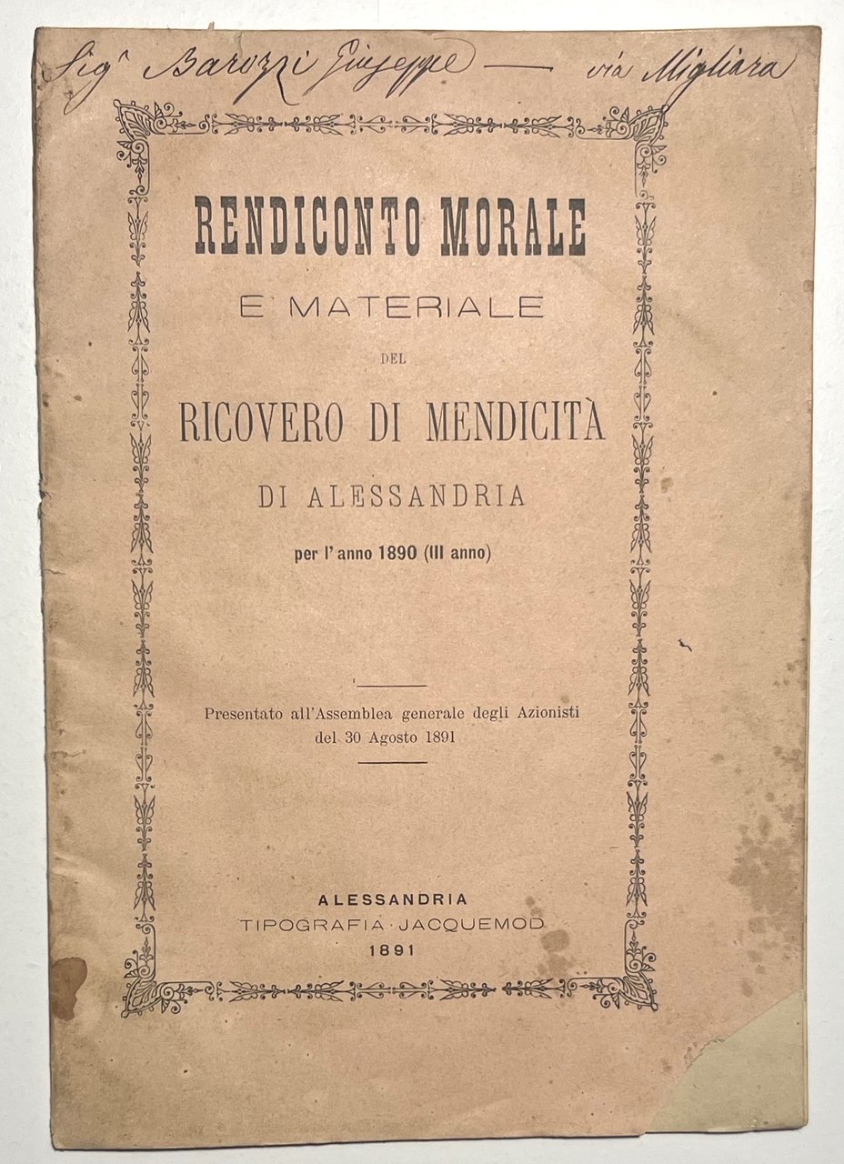 Rendiconto Morale e Materiale del Ricovero di Mendicità di Alessandria … | Immagine principale