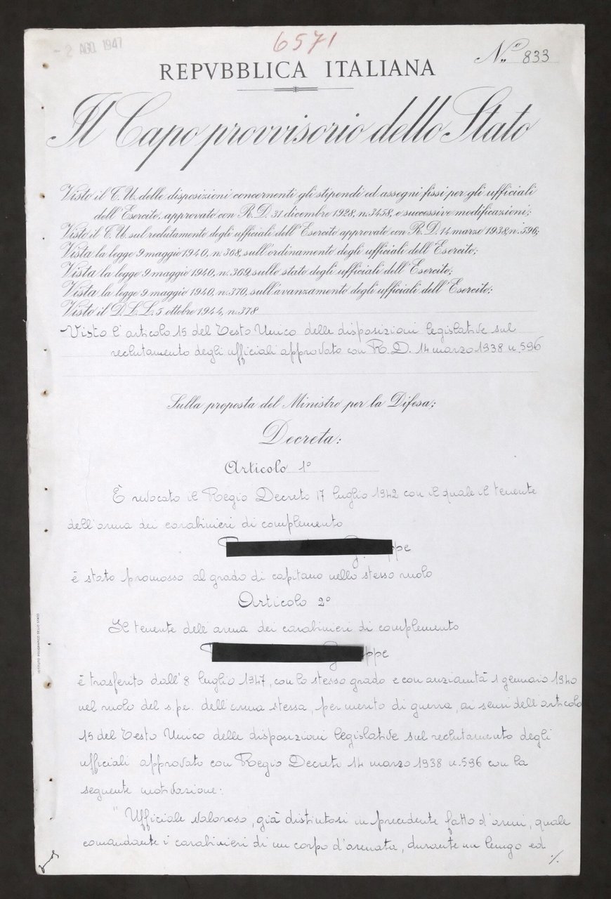 Repubblica Italiana Decreto con autografo capo provvisorio Enrico De Nicola …