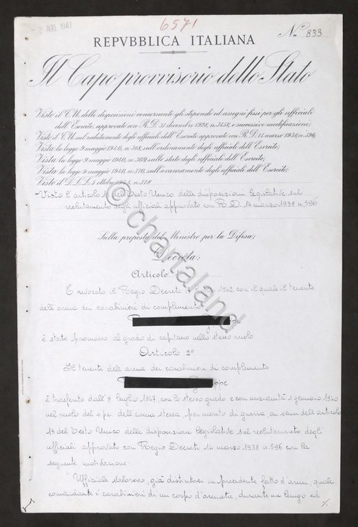 Repubblica Italiana Decreto con autografo capo provvisorio Enrico De Nicola …