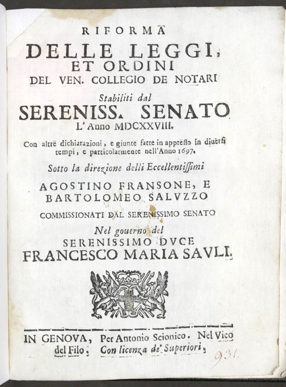 Riforma Leggi et Ordini Collegio Notari - 1628 / Colonna …