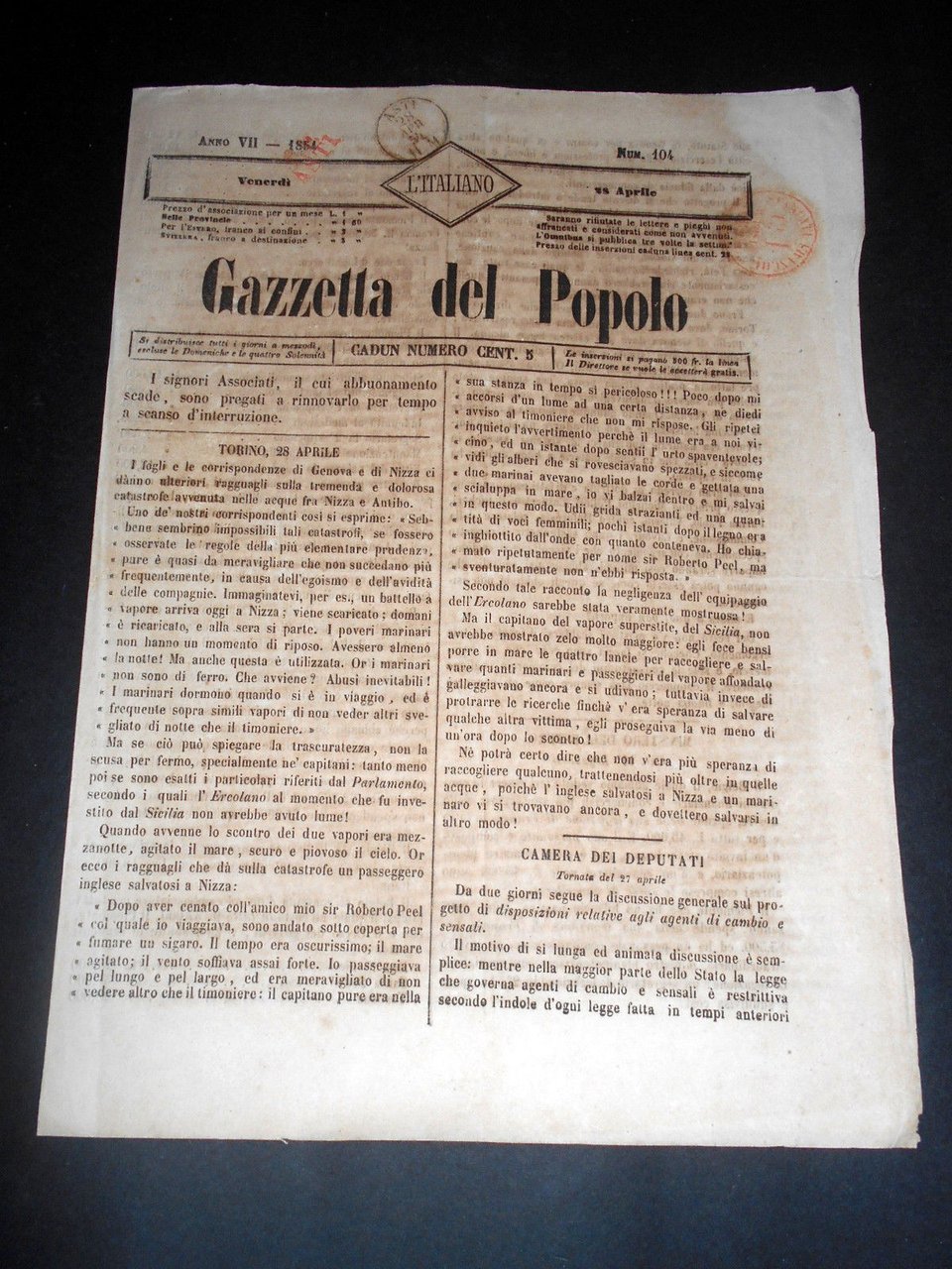 Risorgimento Cavour Torino - Giornale Gazzetta del Popolo n° 104 … | Immagine principale