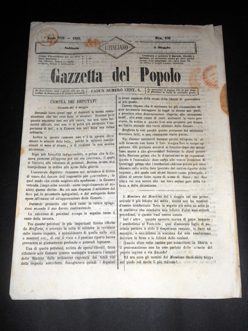 Risorgimento Cavour Torino - Giornale Gazzetta del Popolo n° 108 … | Immagine principale