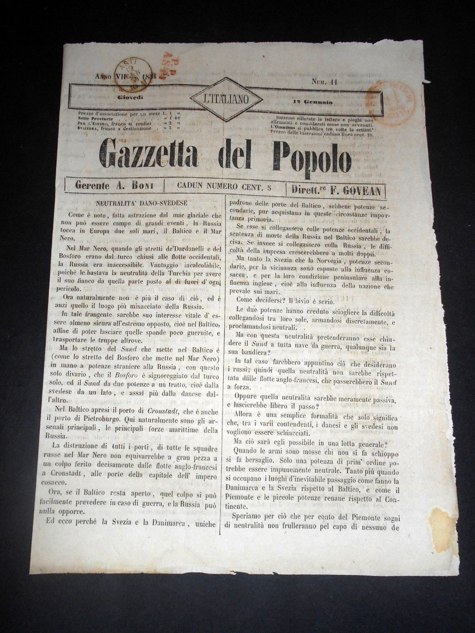 Risorgimento Cavour Torino - Giornale Gazzetta del Popolo n° 11 … | Immagine principale