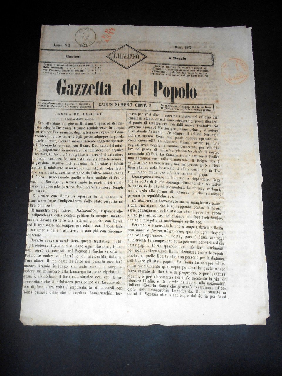 Risorgimento Cavour Torino - Giornale Gazzetta del Popolo n° 113 … | Immagine principale