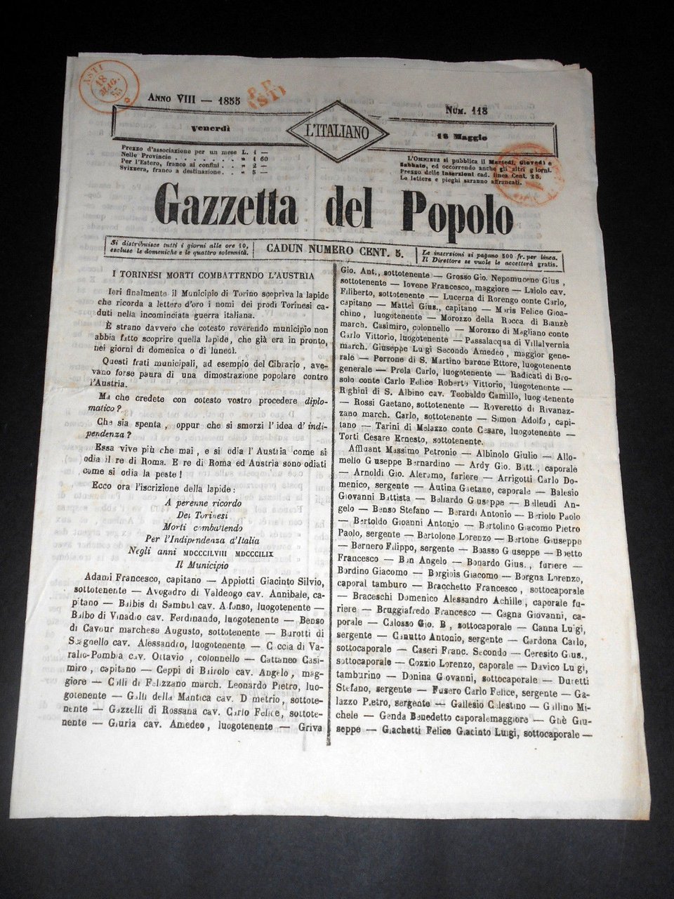 Risorgimento Cavour Torino - Giornale Gazzetta del Popolo n° 118 … | Immagine principale