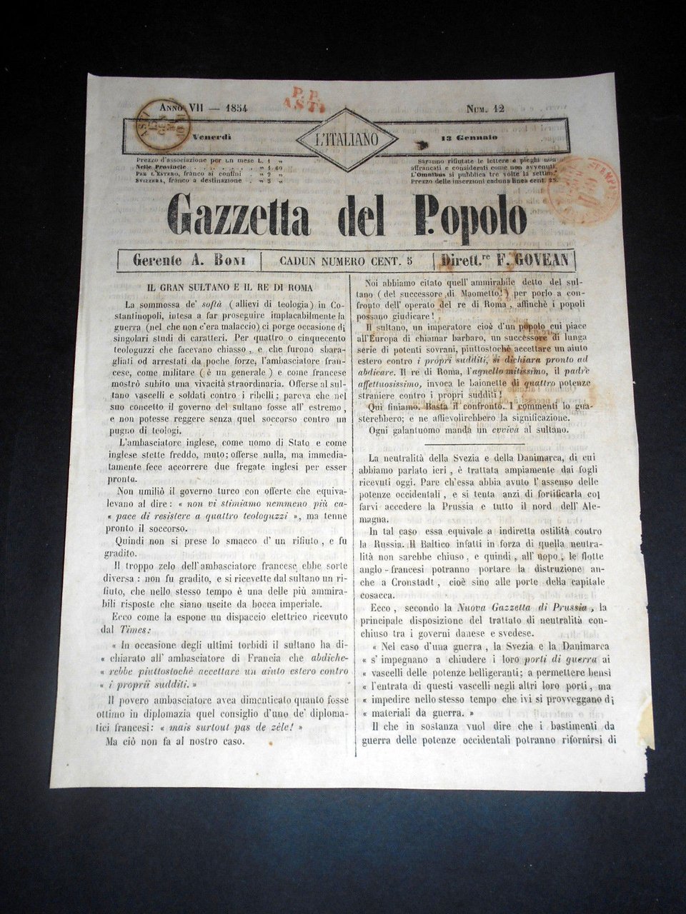 Risorgimento Cavour Torino - Giornale Gazzetta del Popolo n° 12 … | Immagine principale