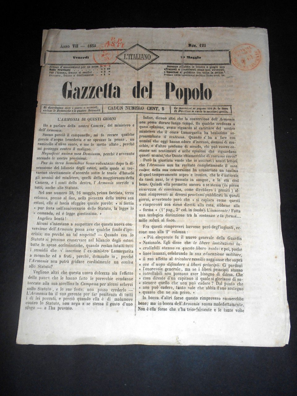 Risorgimento Cavour Torino - Giornale Gazzetta del Popolo n° 122 … | Immagine principale