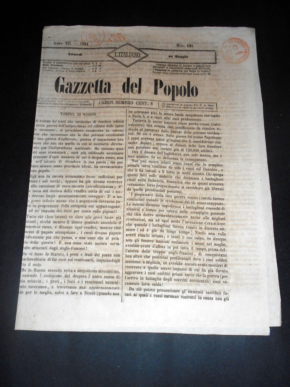 Risorgimento Cavour Torino - Giornale Gazzetta del Popolo n° 124 … | Immagine principale