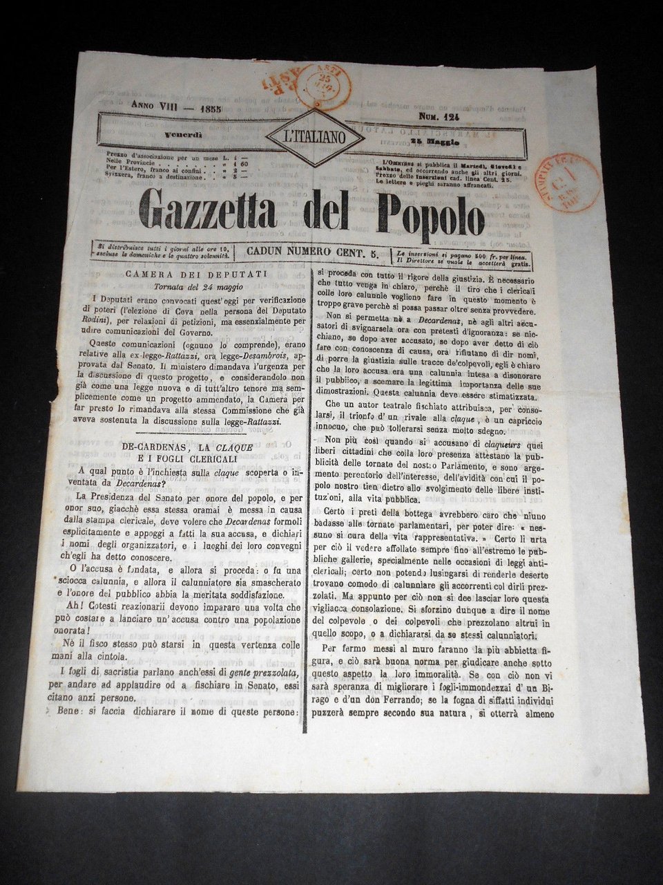 Risorgimento Cavour Torino - Giornale Gazzetta del Popolo n° 124 … | Immagine principale