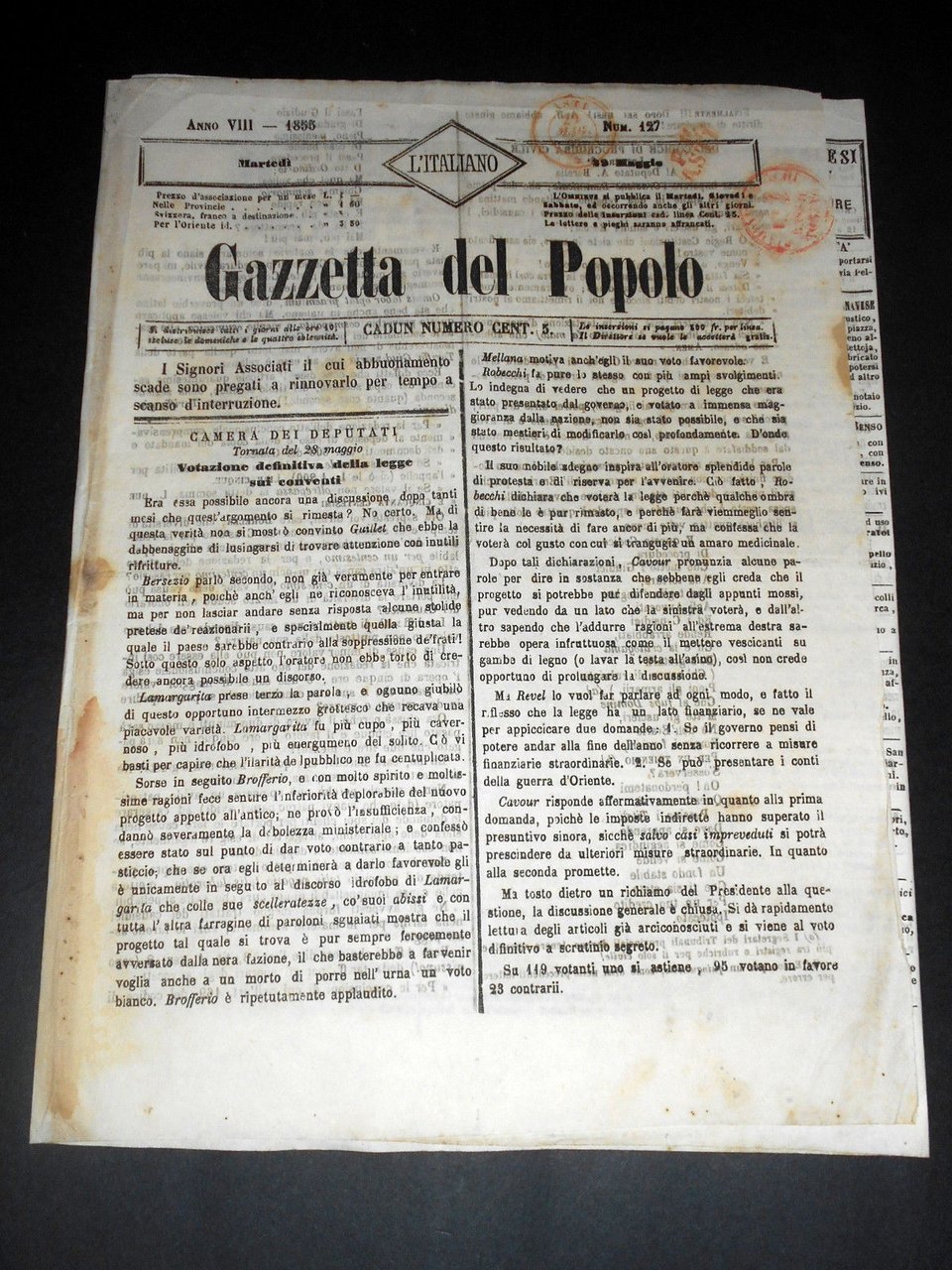 Risorgimento Cavour Torino - Giornale Gazzetta del Popolo n° 127 … | Immagine principale