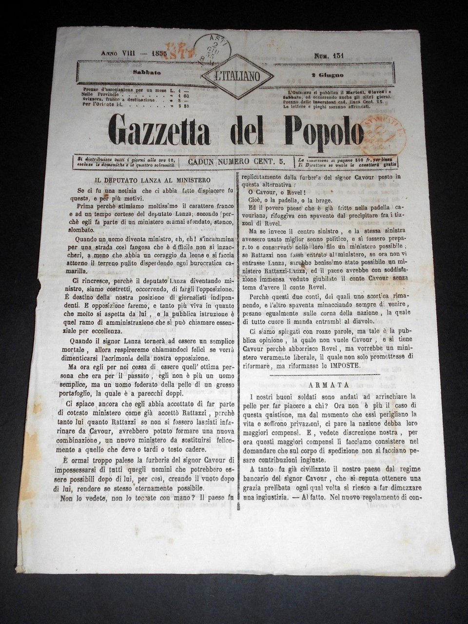Risorgimento Cavour Torino - Giornale Gazzetta del Popolo n° 131 … | Immagine principale
