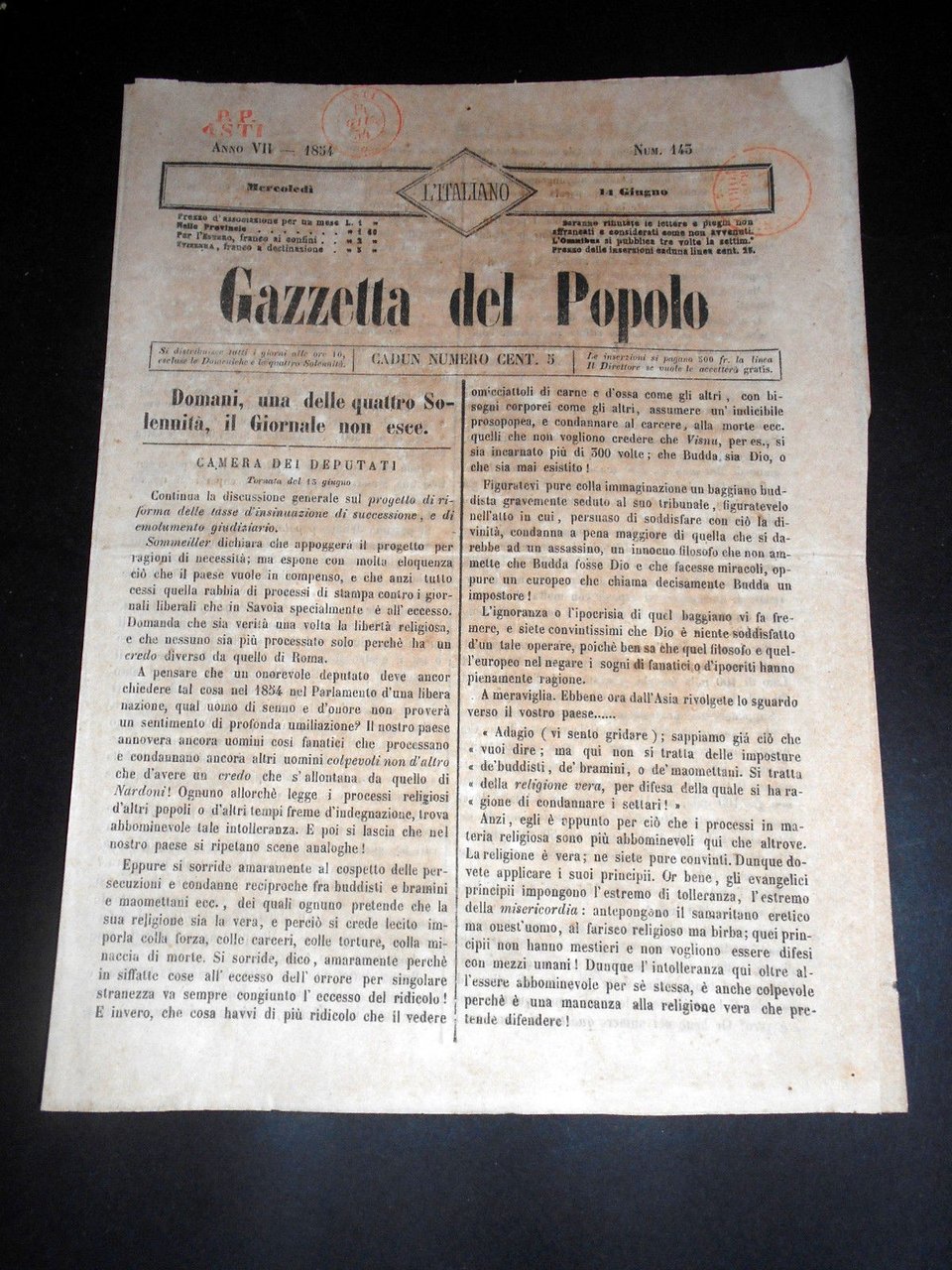 Risorgimento Cavour Torino - Giornale Gazzetta del Popolo n° 143 … | Immagine principale