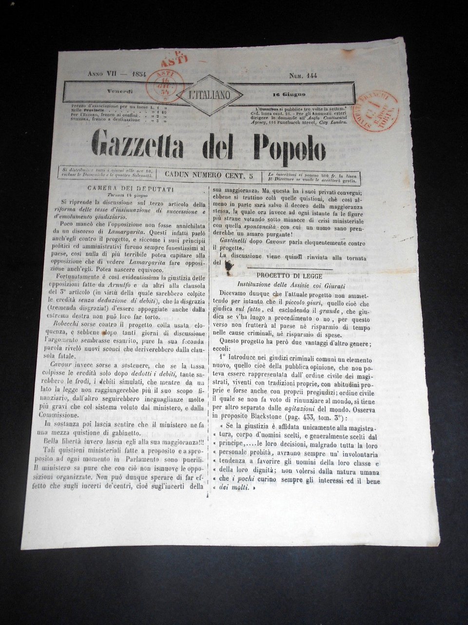 Risorgimento Cavour Torino - Giornale Gazzetta del Popolo n° 144 … | Immagine principale