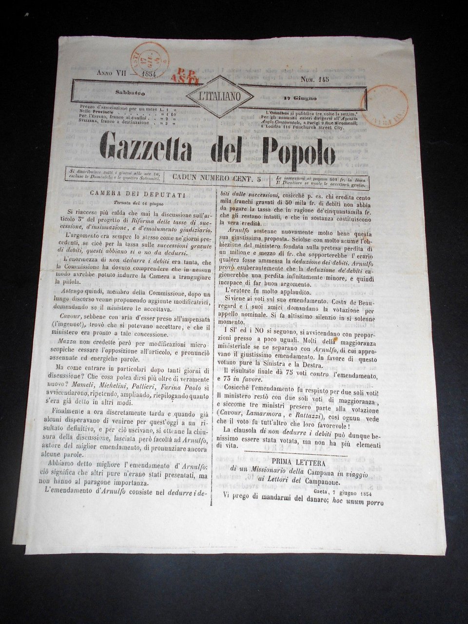 Risorgimento Cavour Torino - Giornale Gazzetta del Popolo n° 145 … | Immagine principale