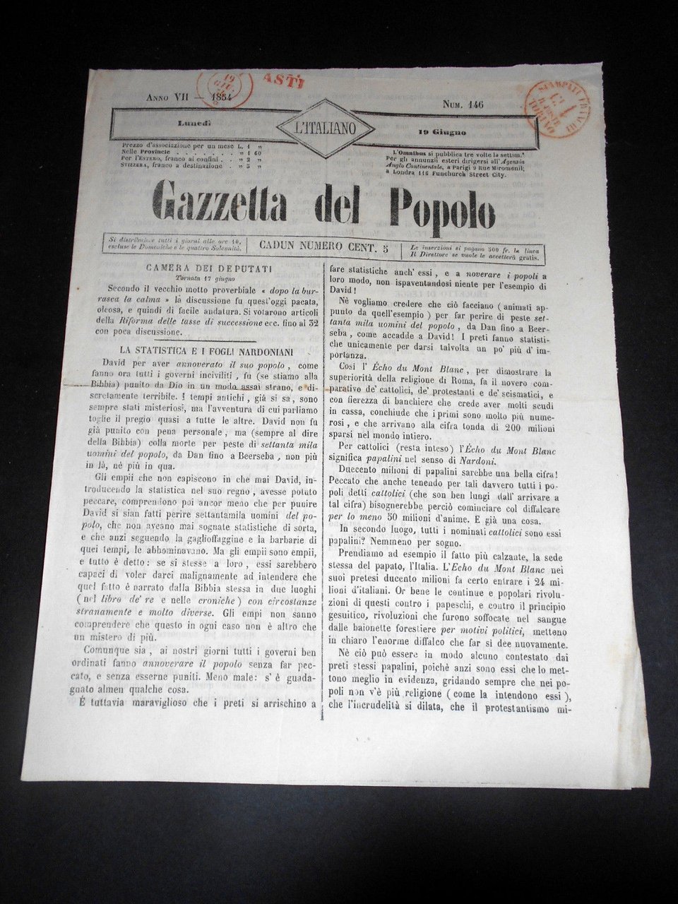 Risorgimento Cavour Torino - Giornale Gazzetta del Popolo n° 146 …