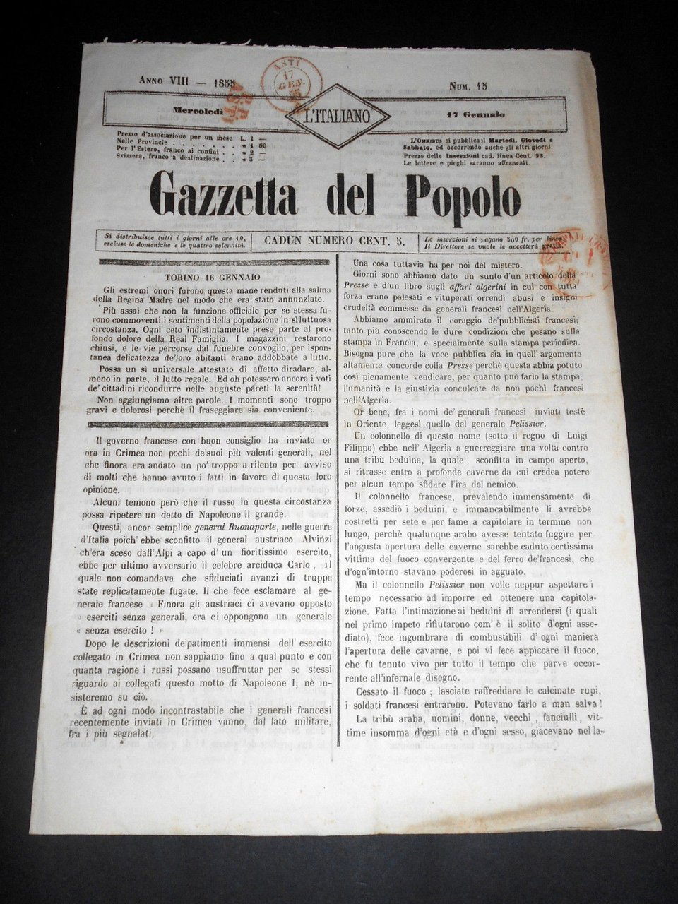 Risorgimento Cavour Torino - Giornale Gazzetta del Popolo n° 15 … | Immagine principale