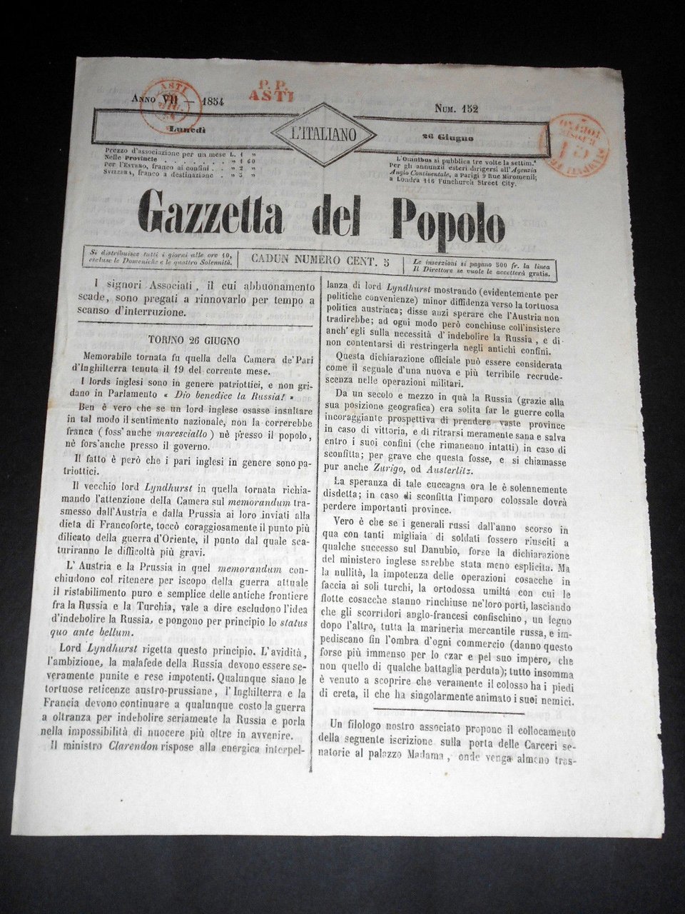 Risorgimento Cavour Torino - Giornale Gazzetta del Popolo n° 152 … | Immagine principale