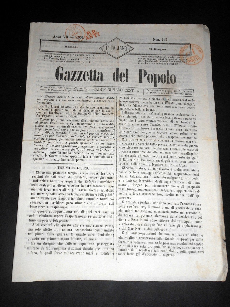 Risorgimento Cavour Torino - Giornale Gazzetta del Popolo n° 153 … | Immagine principale