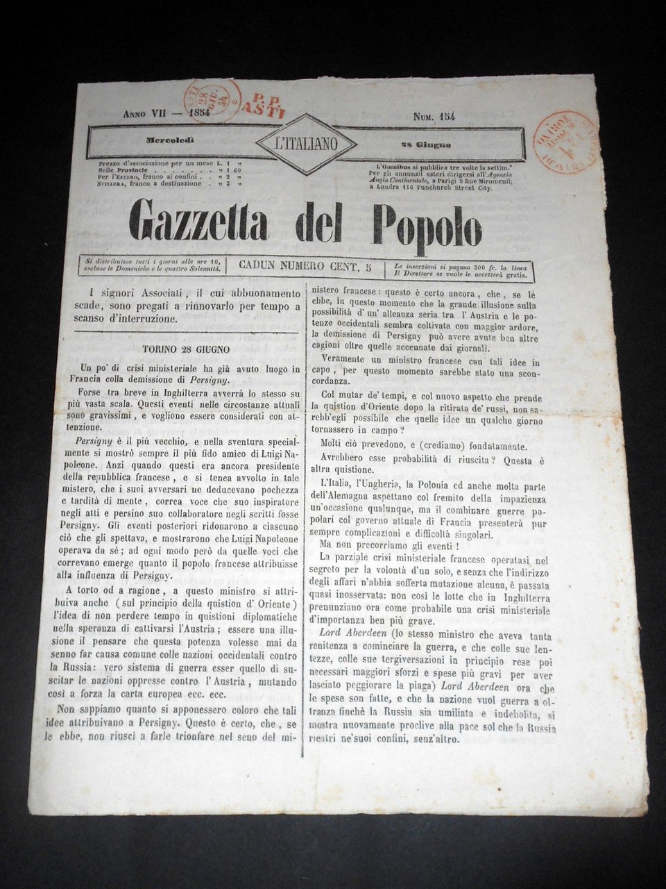 Risorgimento Cavour Torino - Giornale Gazzetta del Popolo n° 154 … | Immagine principale