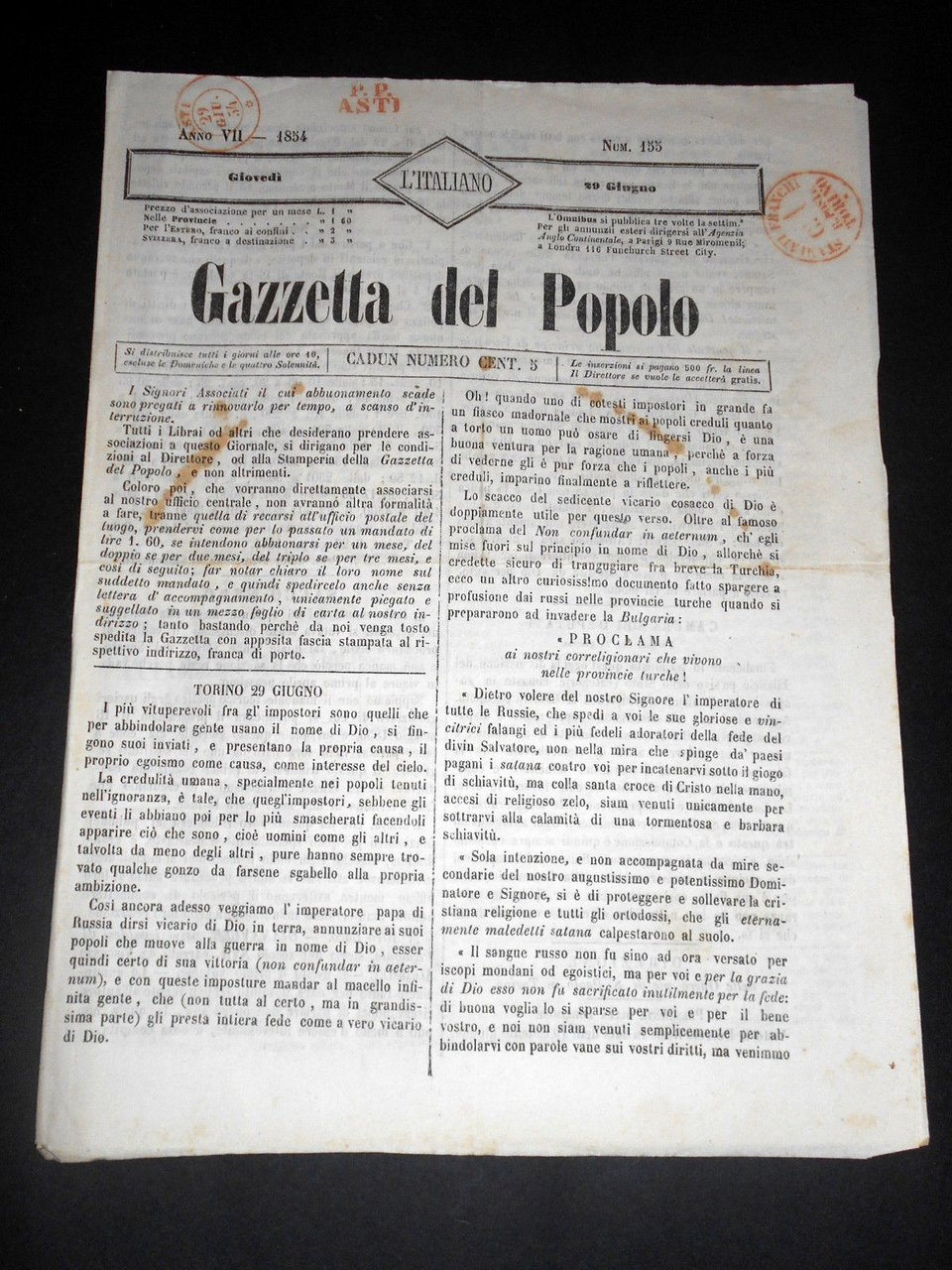 Risorgimento Cavour Torino - Giornale Gazzetta del Popolo n° 155 … | Immagine principale