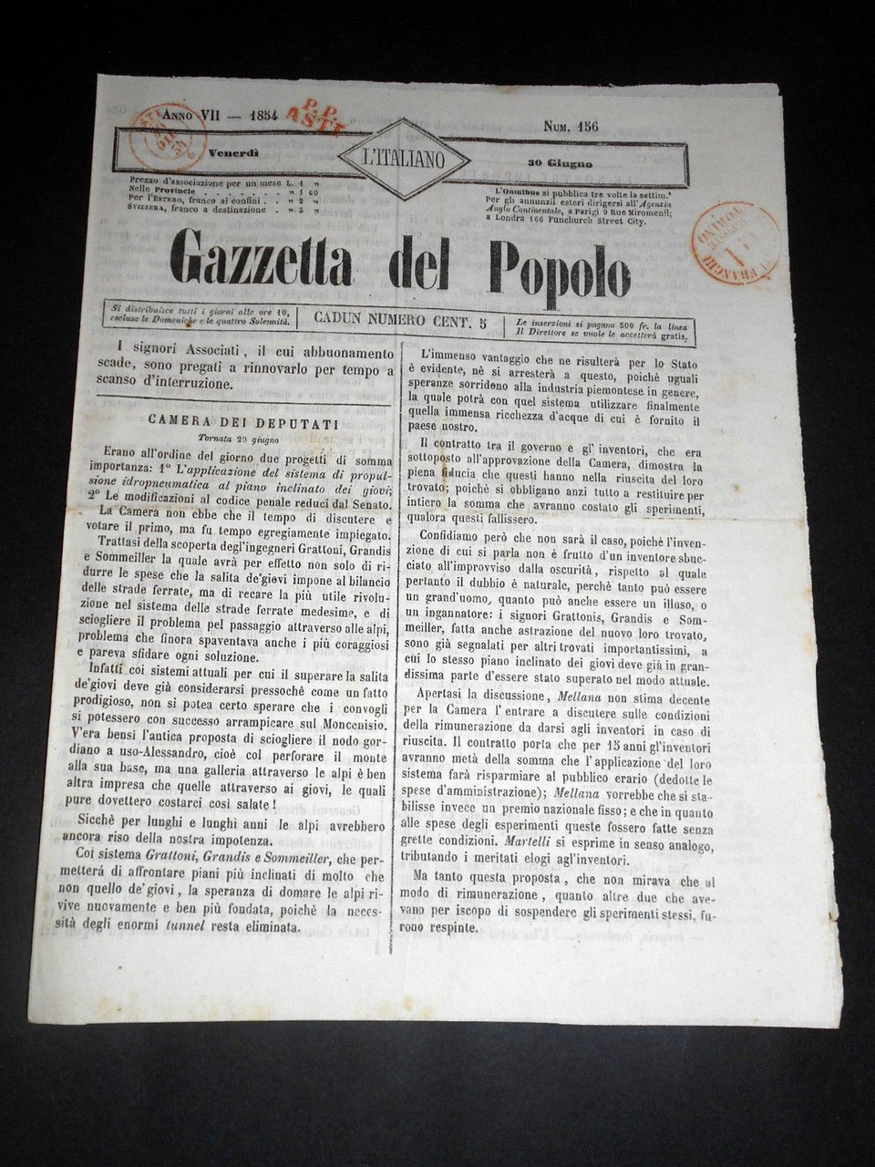 Risorgimento Cavour Torino - Giornale Gazzetta del Popolo n° 156 …