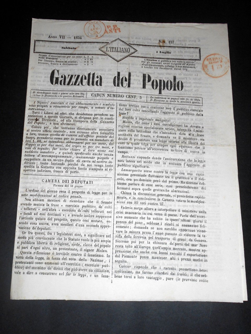 Risorgimento Cavour Torino - Giornale Gazzetta del Popolo n° 157 … | Immagine principale
