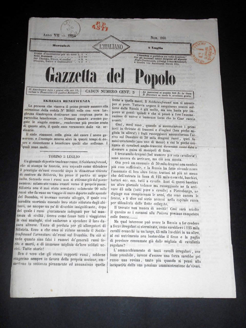 Risorgimento Cavour Torino - Giornale Gazzetta del Popolo n° 160 … | Immagine principale