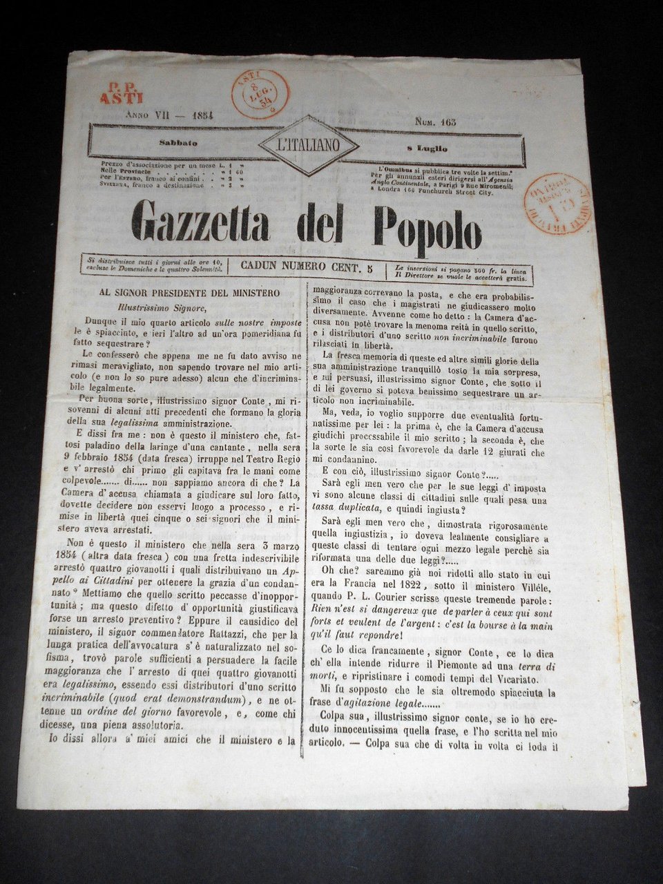 Risorgimento Cavour Torino - Giornale Gazzetta del Popolo n° 163 … | Immagine principale