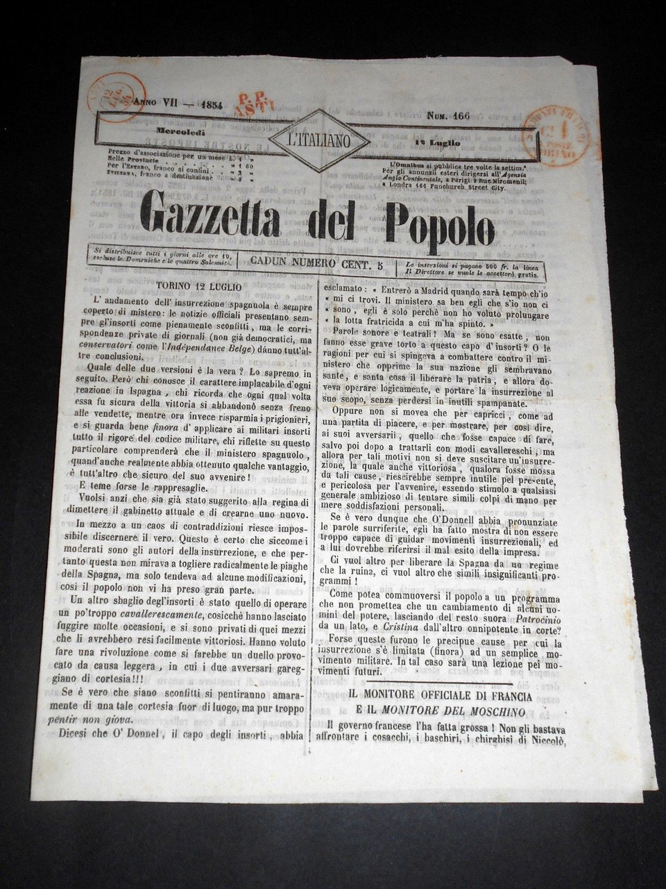 Risorgimento Cavour Torino - Giornale Gazzetta del Popolo n° 166 … | Immagine principale