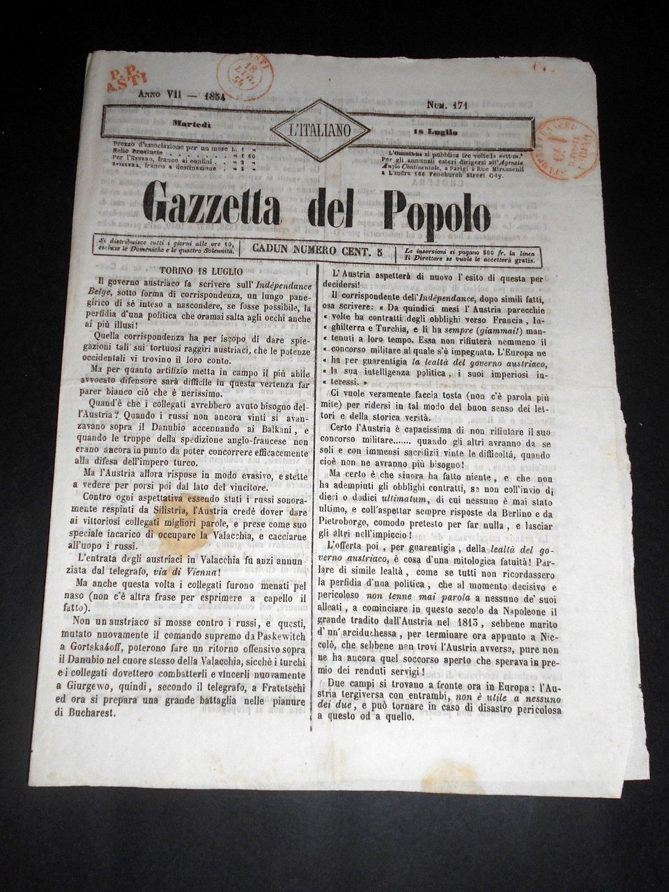 Risorgimento Cavour Torino - Giornale Gazzetta del Popolo n° 171 … | Immagine principale