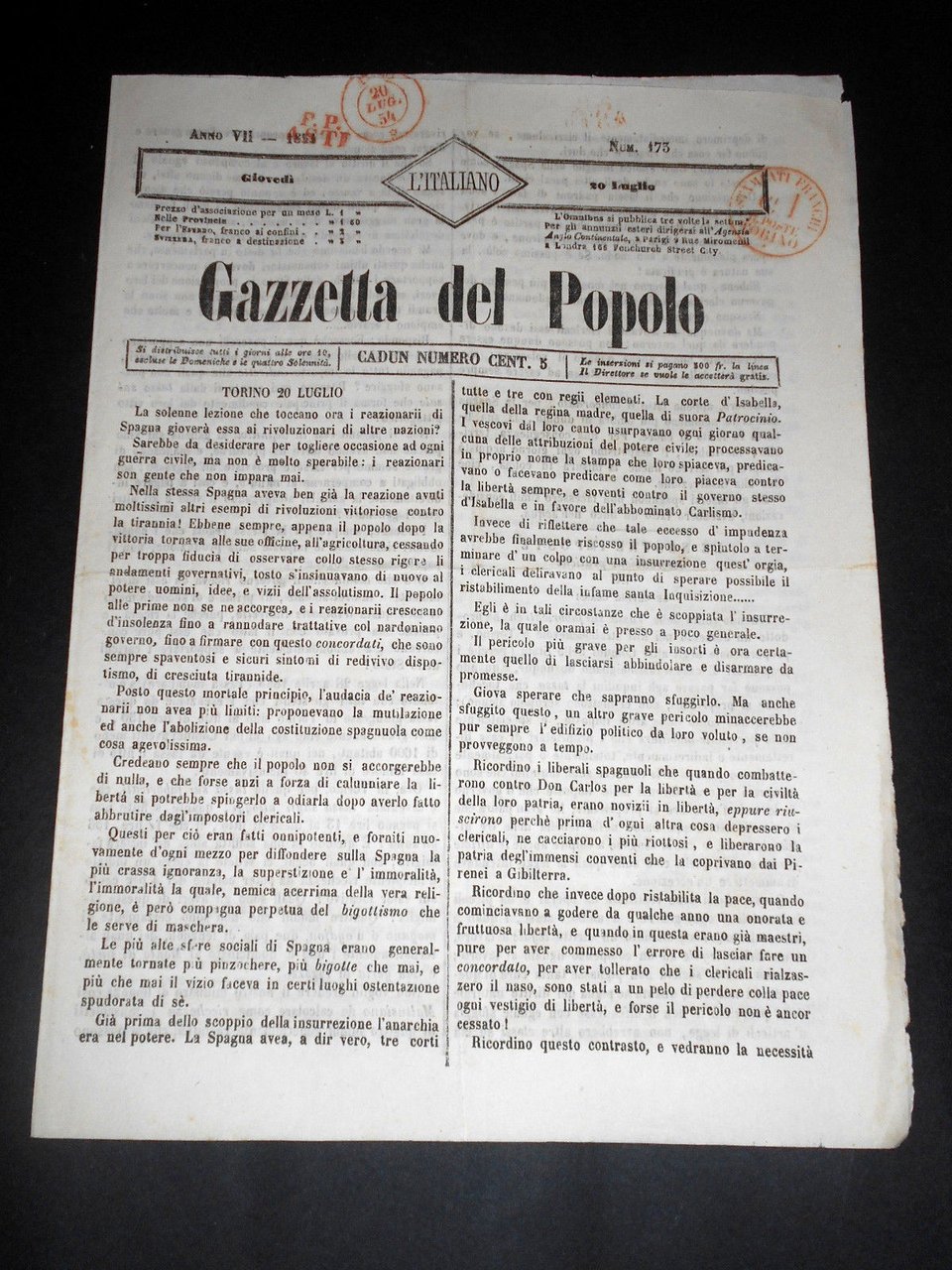 Risorgimento Cavour Torino - Giornale Gazzetta del Popolo n° 173 … | Immagine principale