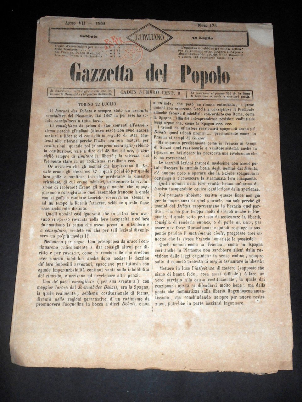 Risorgimento Cavour Torino - Giornale Gazzetta del Popolo n° 175 … | Immagine principale