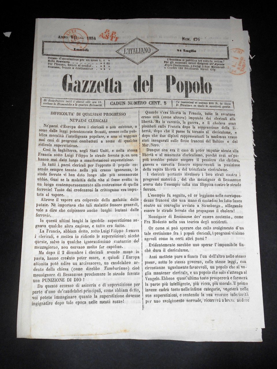 Risorgimento Cavour Torino - Giornale Gazzetta del Popolo n° 176 … | Immagine principale