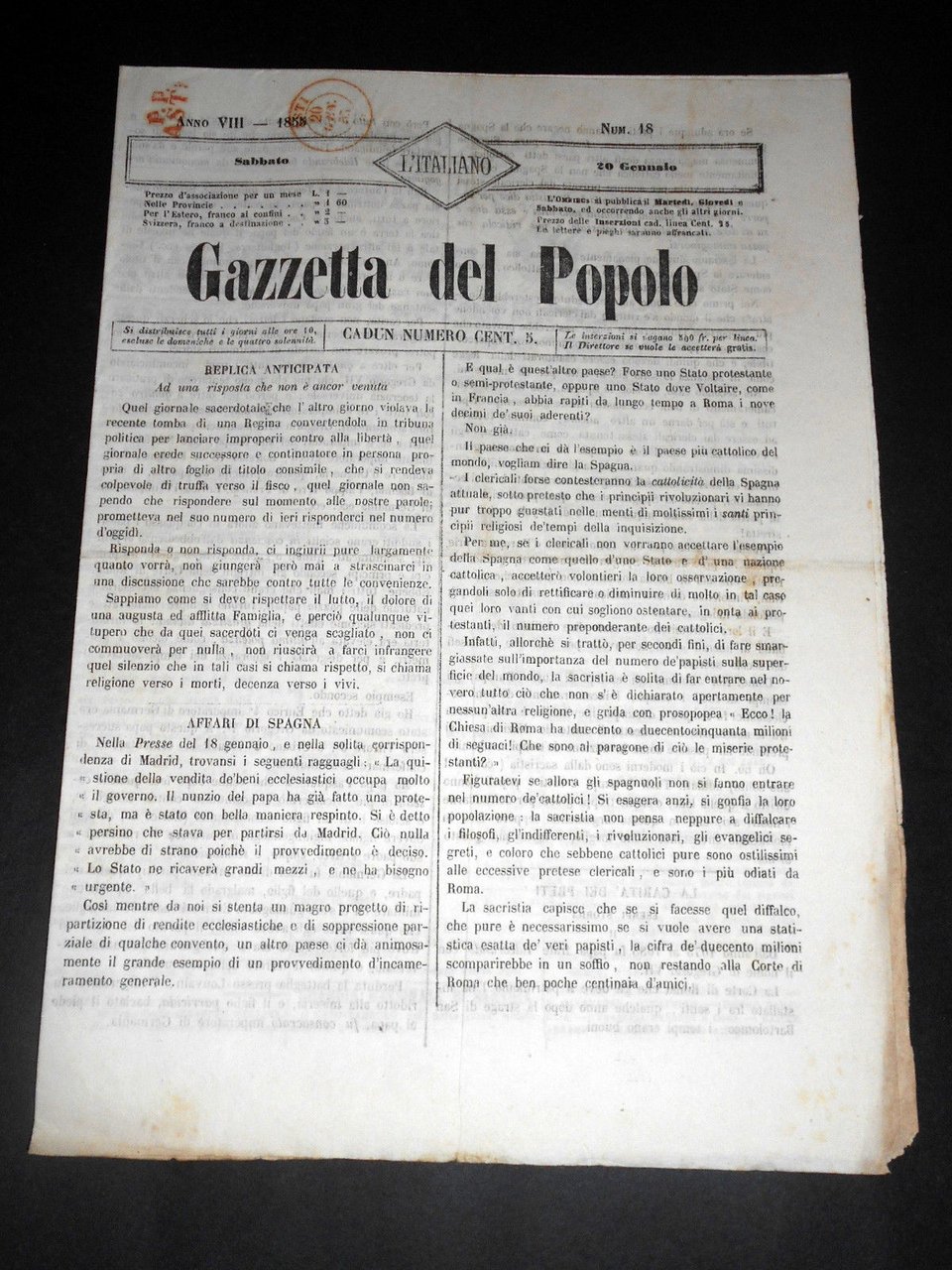 Risorgimento Cavour Torino - Giornale Gazzetta del Popolo n° 18 … | Immagine principale