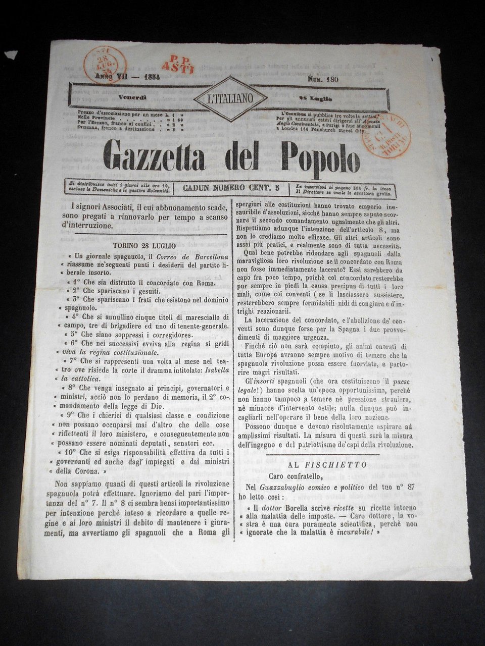 Risorgimento Cavour Torino - Giornale Gazzetta del Popolo n° 180 … | Immagine principale