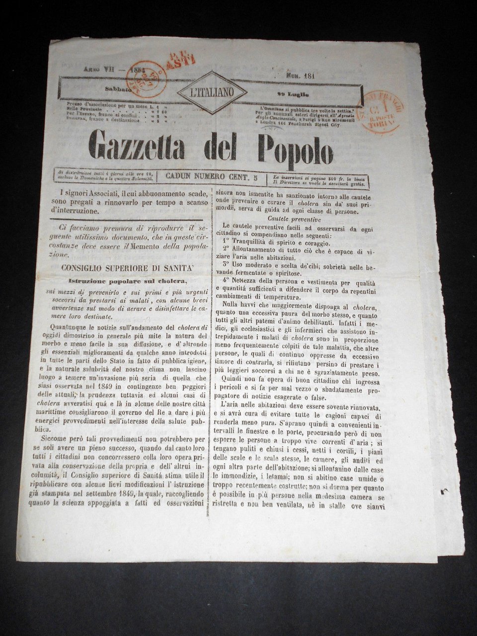 Risorgimento Cavour Torino - Giornale Gazzetta del Popolo n° 181 … | Immagine principale