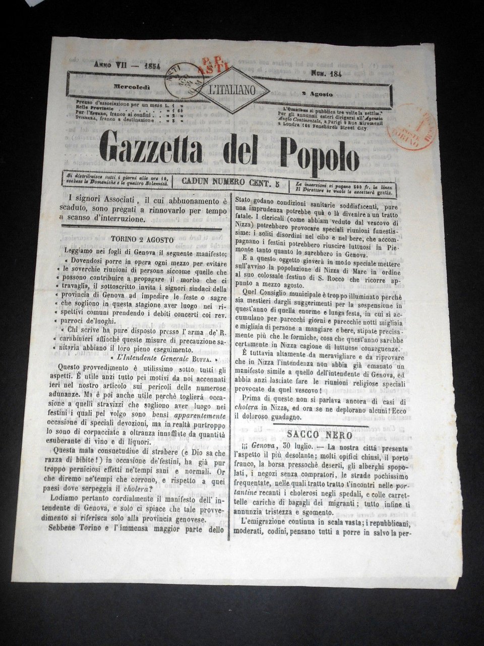 Risorgimento Cavour Torino - Giornale Gazzetta del Popolo n° 184 … | Immagine principale