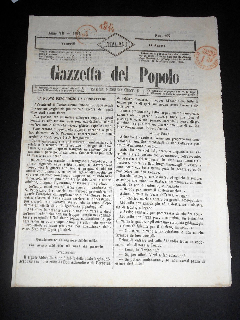 Risorgimento Cavour Torino - Giornale Gazzetta del Popolo n° 192 … | Immagine principale