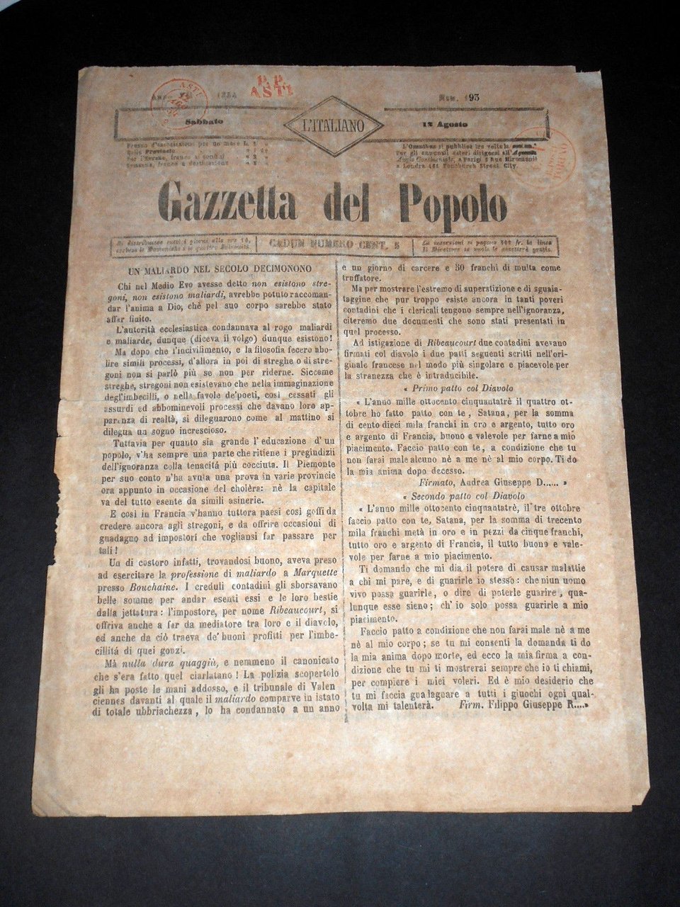 Risorgimento Cavour Torino - Giornale Gazzetta del Popolo n° 193 … | Immagine principale
