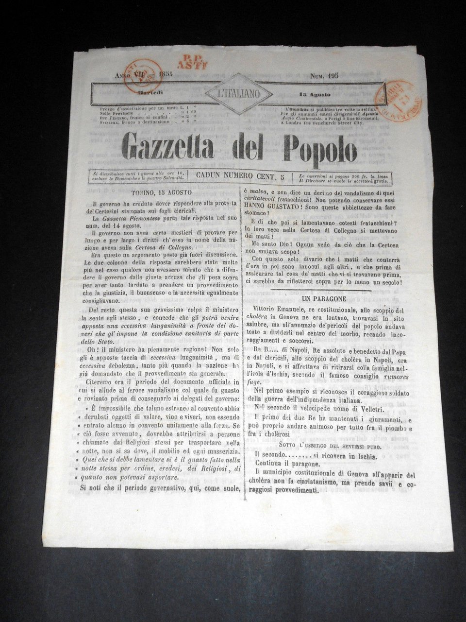 Risorgimento Cavour Torino - Giornale Gazzetta del Popolo n° 195 … | Immagine principale