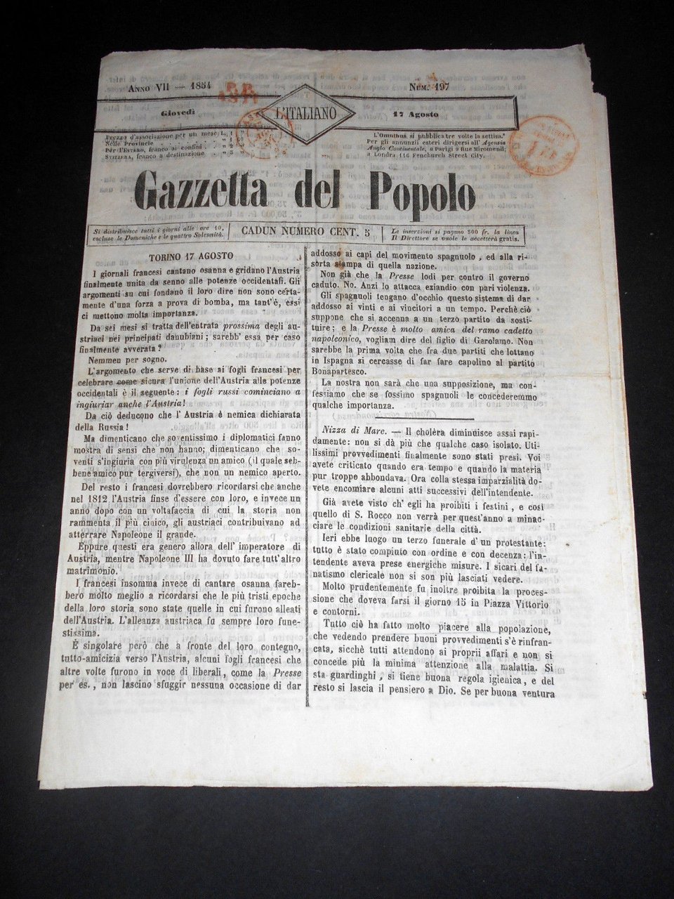 Risorgimento Cavour Torino - Giornale Gazzetta del Popolo n° 197 … | Immagine principale