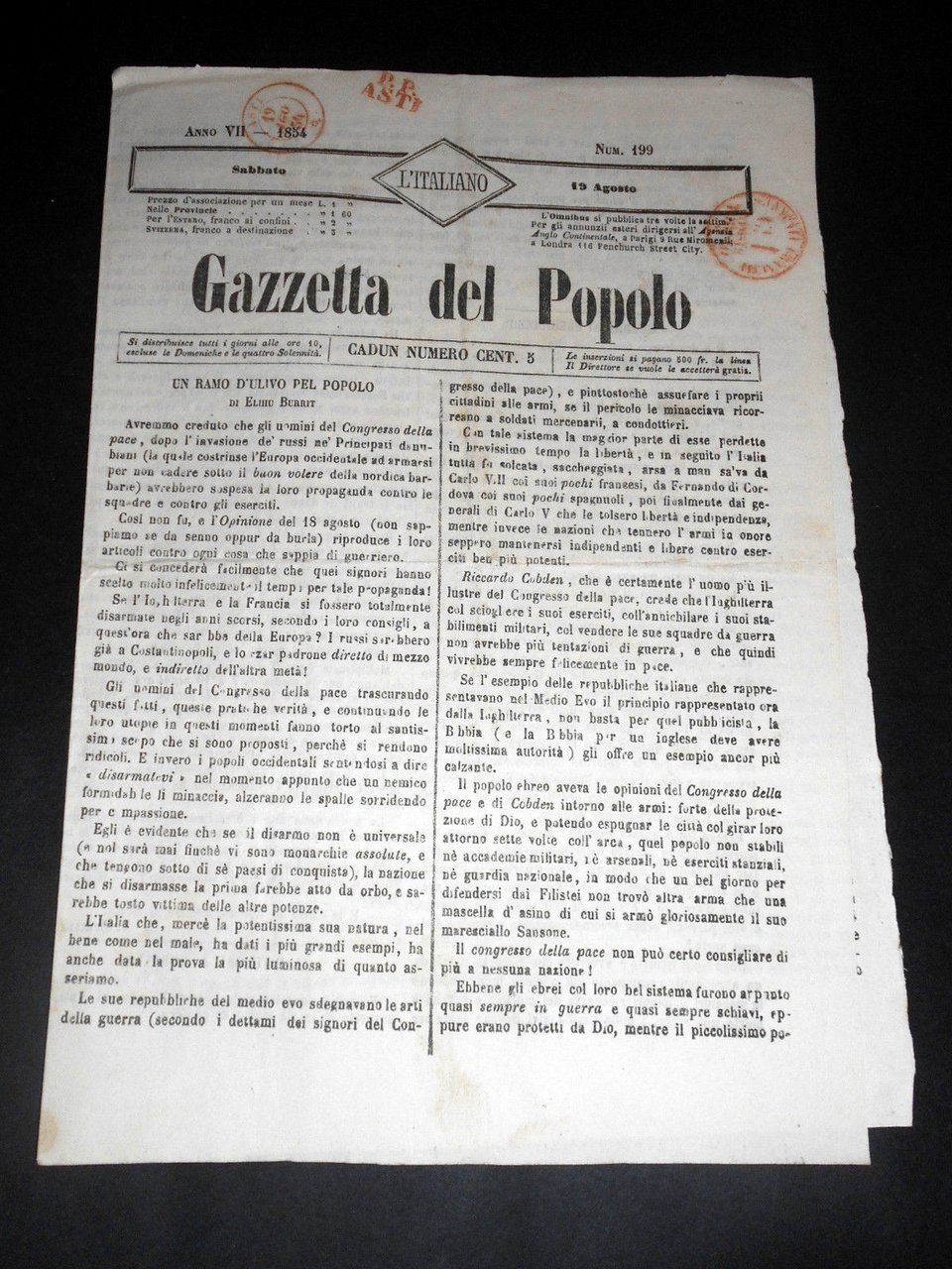 Risorgimento Cavour Torino - Giornale Gazzetta del Popolo n° 199 … | Immagine principale
