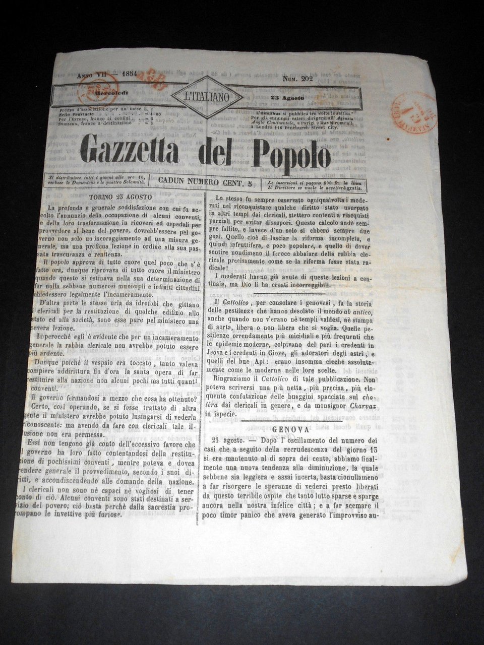Risorgimento Cavour Torino - Giornale Gazzetta del Popolo n° 202 … | Immagine principale