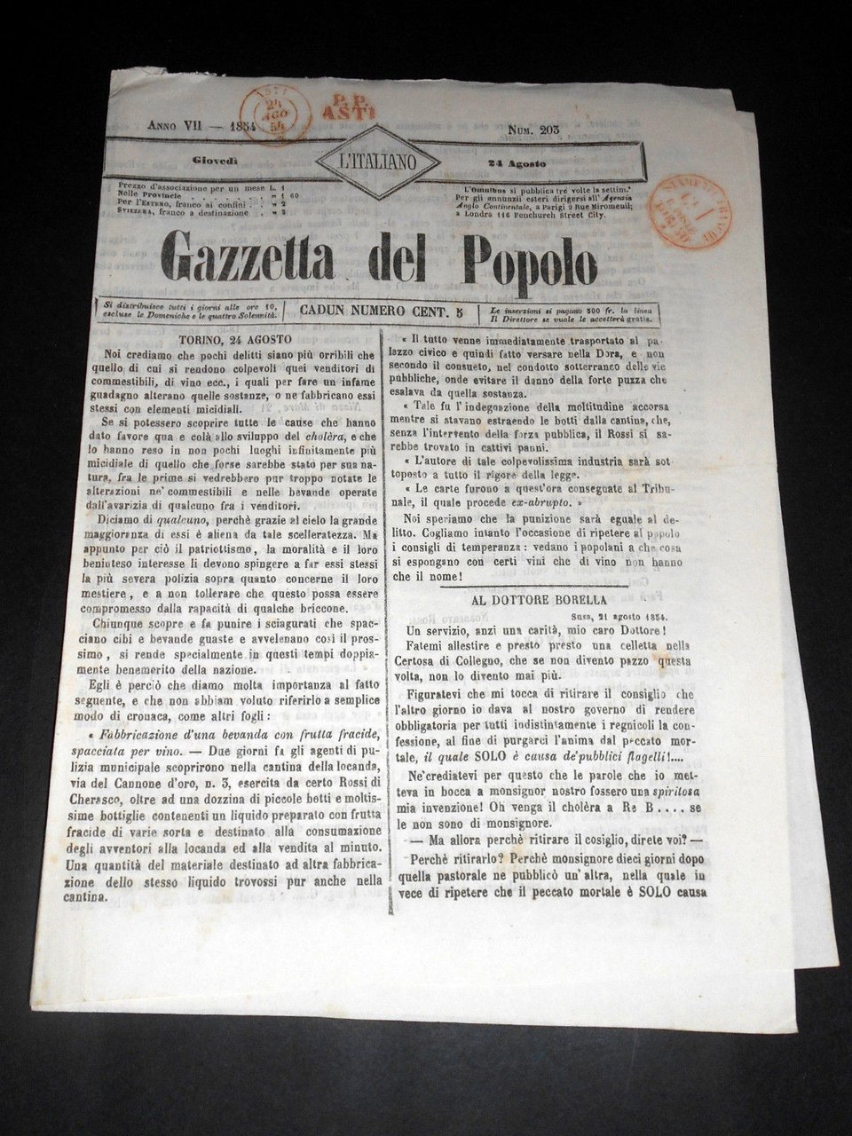 Risorgimento Cavour Torino - Giornale Gazzetta del Popolo n° 203 … | Immagine principale