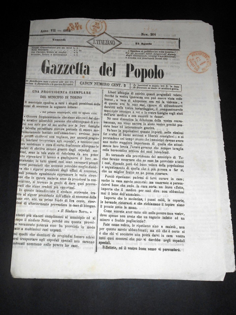 Risorgimento Cavour Torino - Giornale Gazzetta del Popolo n° 204 … | Immagine principale
