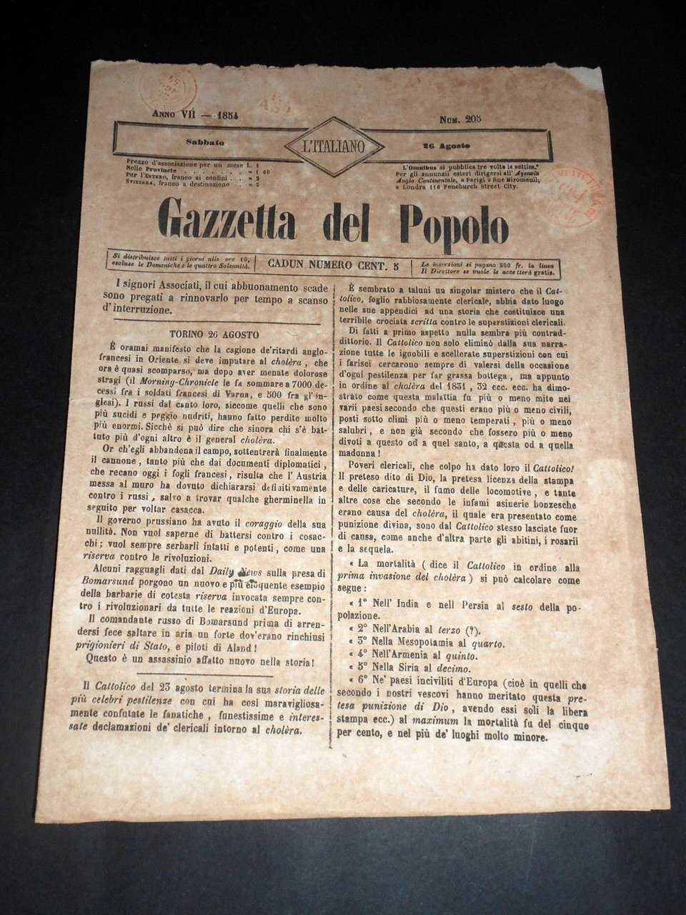 Risorgimento Cavour Torino - Giornale Gazzetta del Popolo n° 205 … | Immagine principale