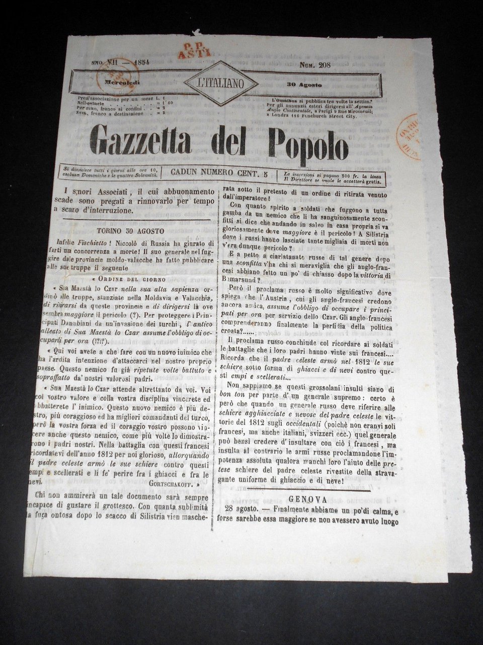 Risorgimento Cavour Torino - Giornale Gazzetta del Popolo n° 208 … | Immagine principale
