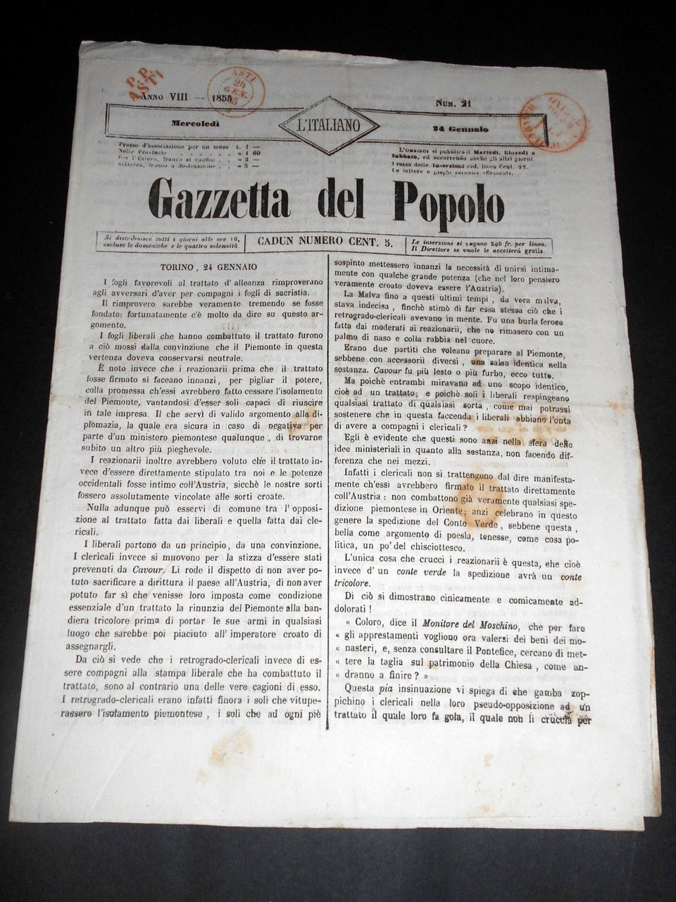 Risorgimento Cavour Torino - Giornale Gazzetta del Popolo n° 21 … | Immagine principale