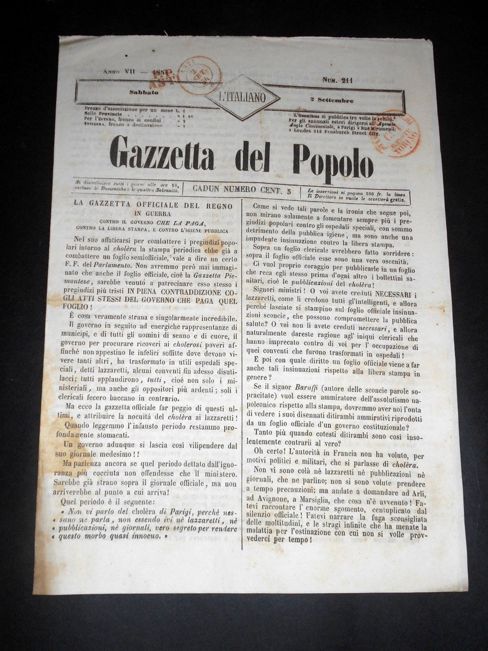 Risorgimento Cavour Torino - Giornale Gazzetta del Popolo n° 211 … | Immagine principale